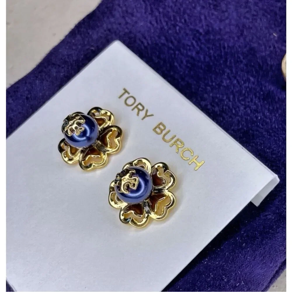 Tory Burch NEW 16k-gold plate blue faux pearl Katie Stud Earrings
